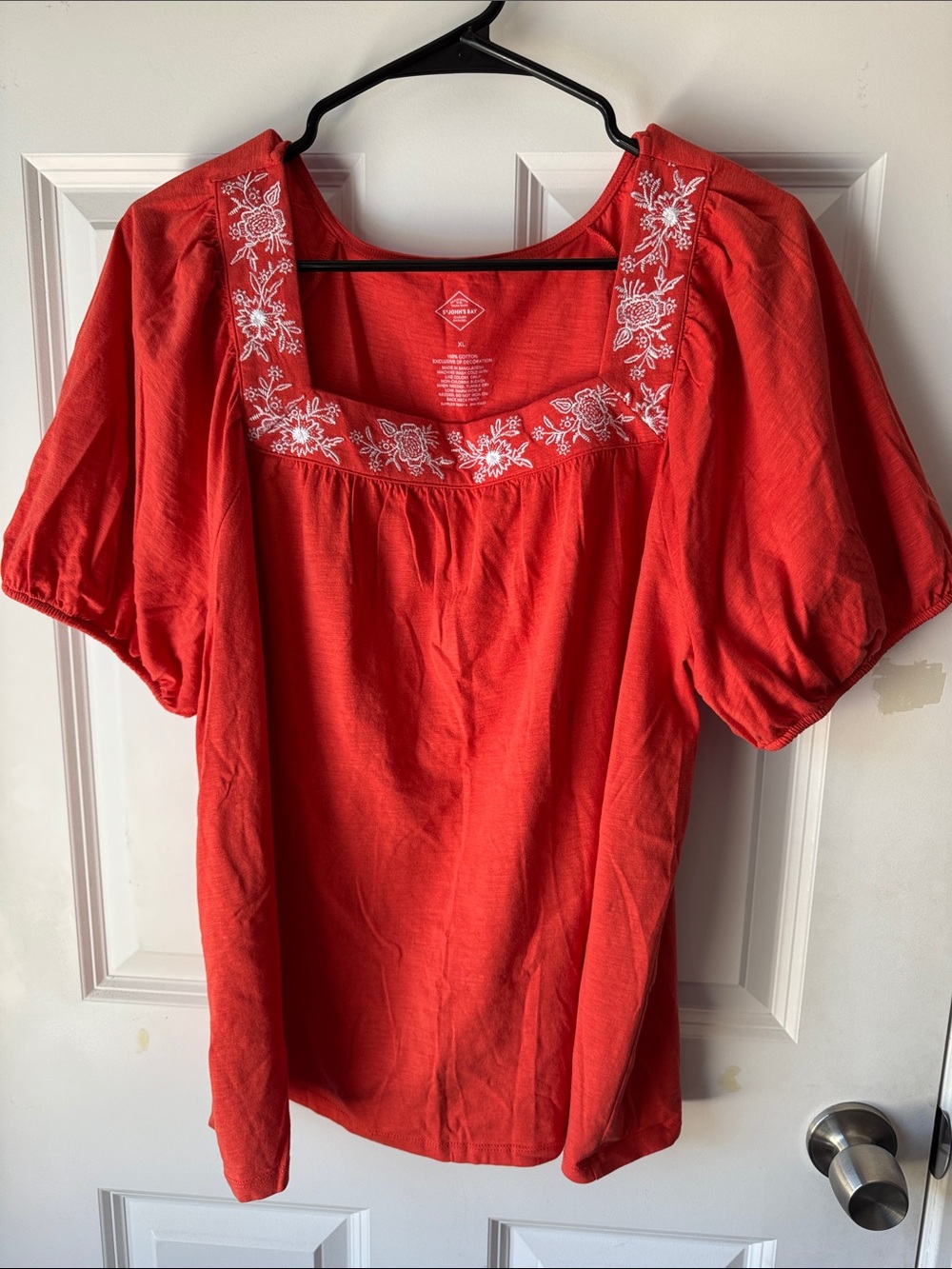 St. John's Bay Red Square-Neck Embroidered Blouse